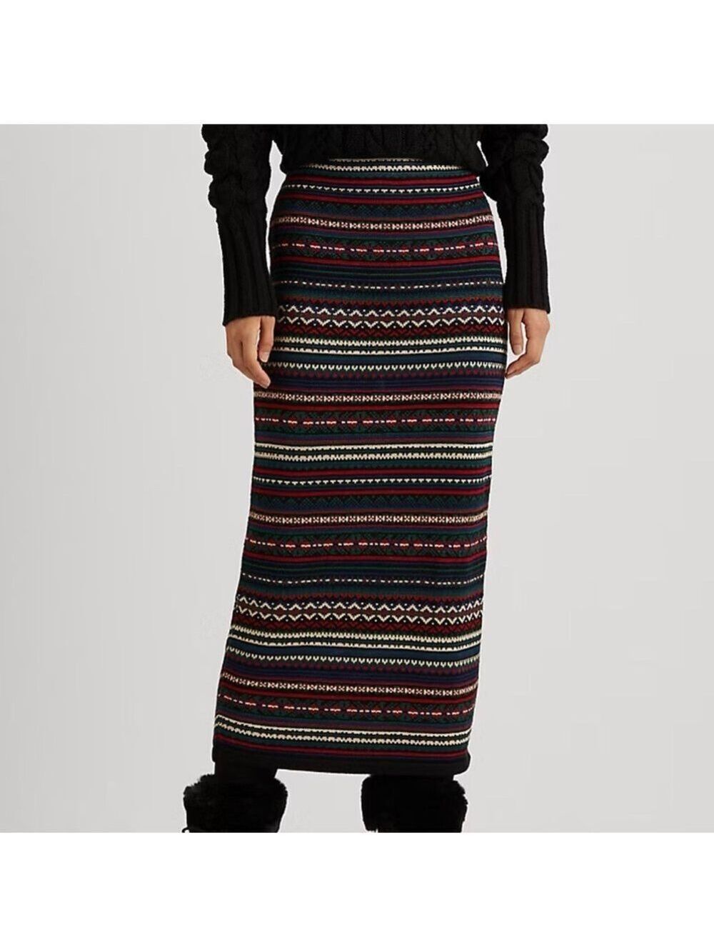 Ralph Lauren Black Striped Fair Isle Knit Maxi Skirt size small